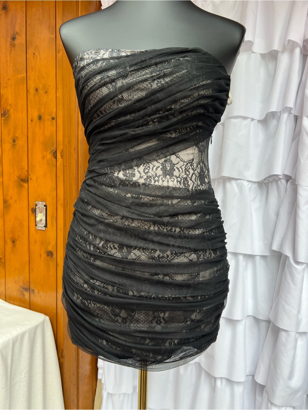 A/X Armani Exchange Black Strapless Ruched Lace Mini Dress B1#20